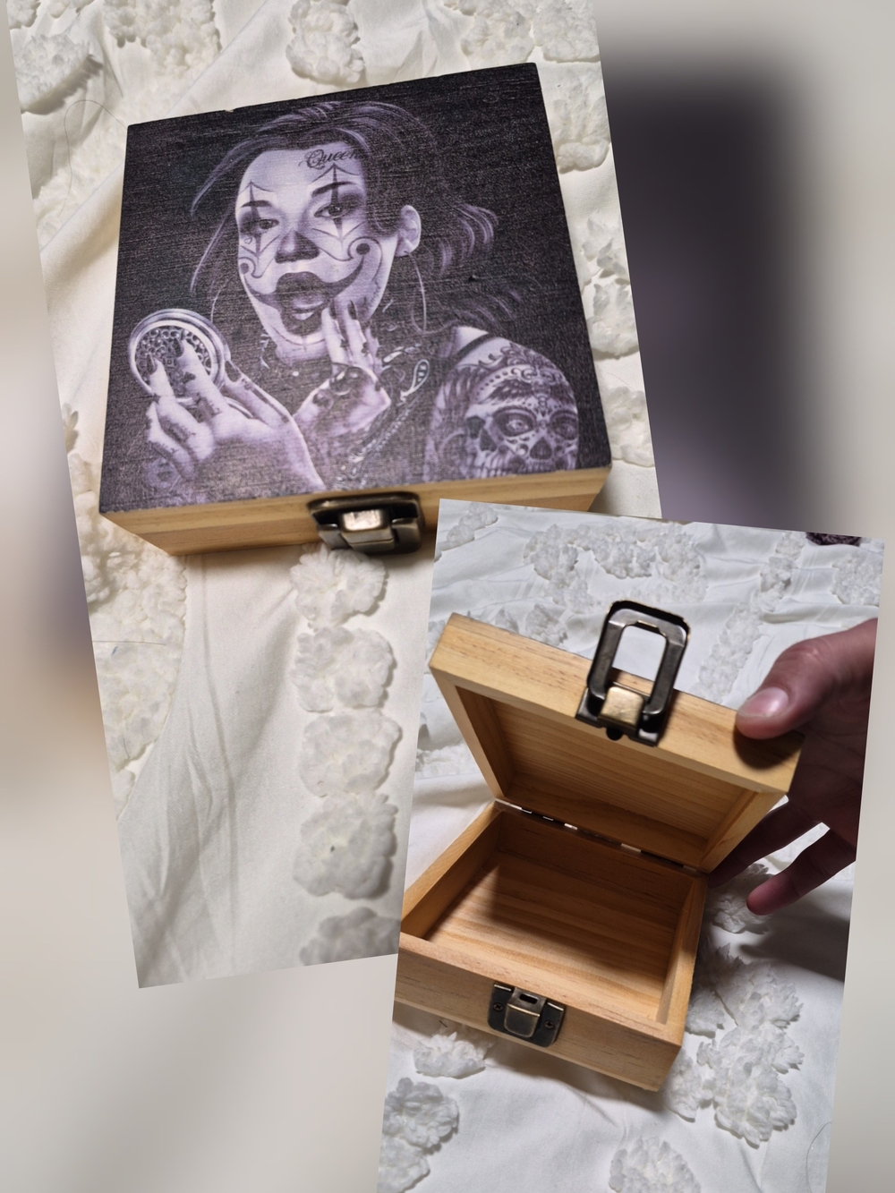 Wooden Keepsake Box with Black & White Art Lid
